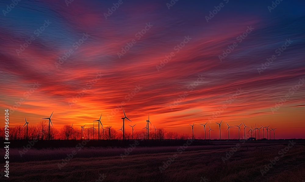  a field with a bunch of wind mills in the distance and a sunset in the background with clouds in the sky and in the foreground.  generative ai