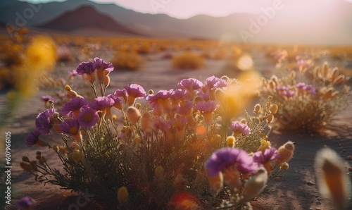  a field of flowers with mountains in the background at sunset. generative ai