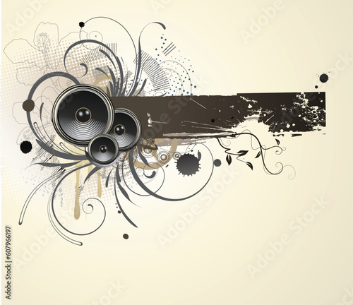 Vector illustration of grunge floral abstract  banner  with music design elements
