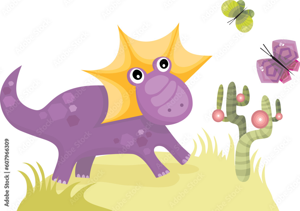 vector illustration of a cute dinosaur with butterfly