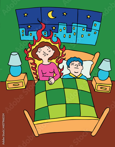 Menopausal woman wakes up in bed having a hot flash while her husband sleeps.