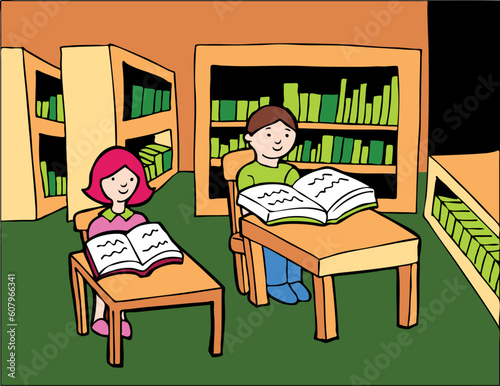 Two children study quietly in a library.