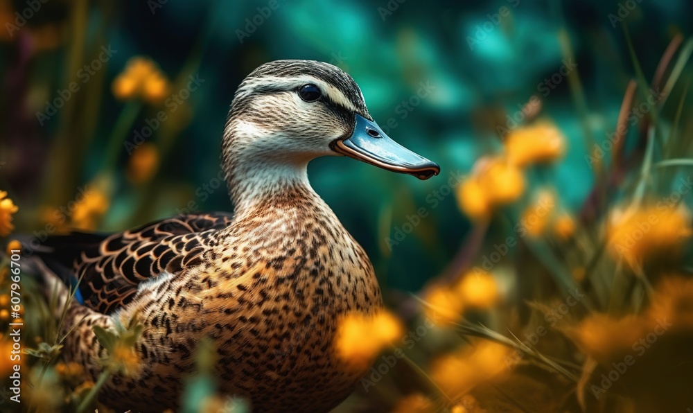a close up of a duck in a field of flowers. generative ai a close up of a duck in a field of flowers. generative ai
