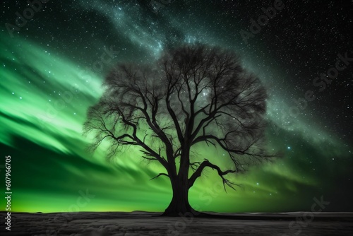 big bare tree in front of the green shining starry sky created with Generative AI technology