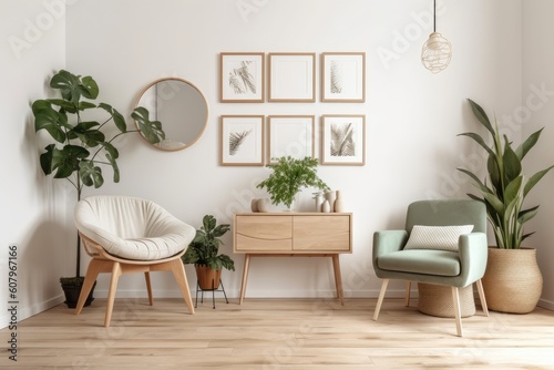 a room decorated in Scandinavian style with plants and a frame. Generative AI