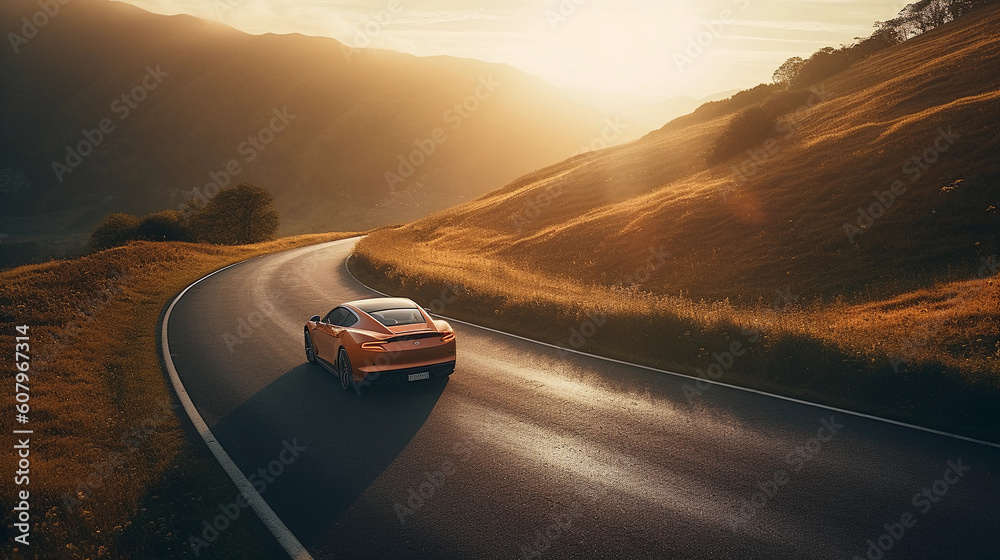 A sports car drives down a long winding road