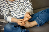 Child with skin rash, roseola. Hand-foot-and-mouth disease. Enterovirus Leg arm mouth Rash on  child. Cocksackie virus
