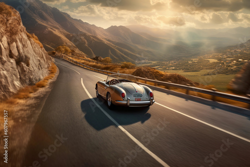 A sports car drives down a long winding road, Generative AI  © Vincent