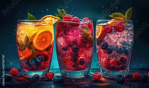  three glasses filled with different types of fruit and ices. generative ai