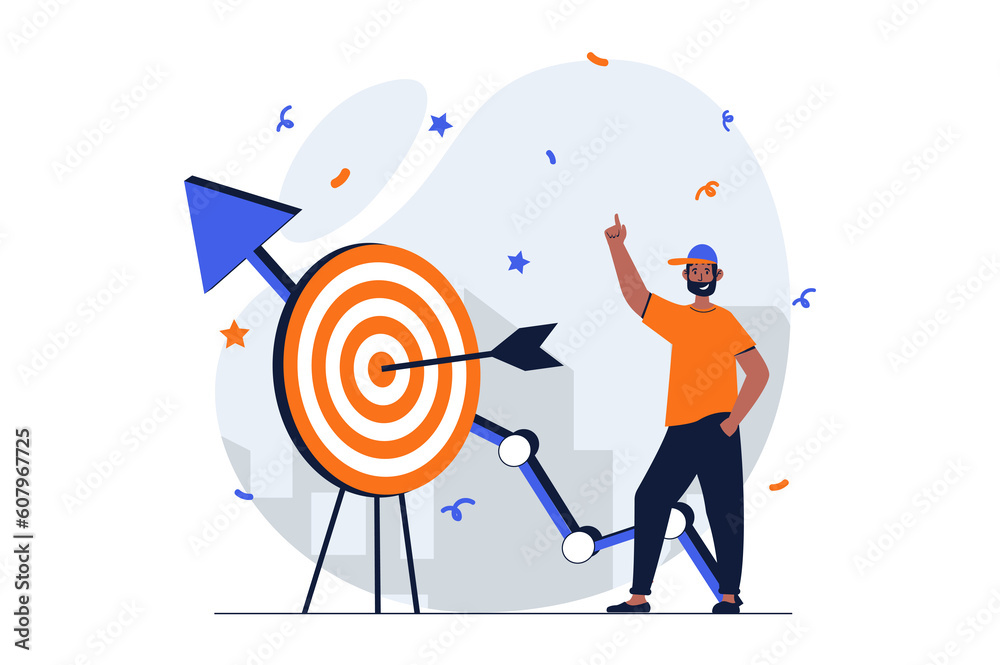 Business success web concept with character scene. Man hits target, celebrates increase in sales and profits. People situation in flat design. Illustration for social media marketing material. Business success web concept with character scene. Man hits target, celebrates increase in sales and profits. People situation in flat design. Illustration for social media marketing material.