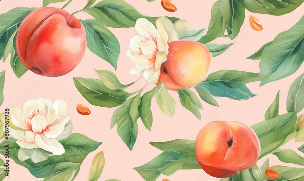  a painting of peaches and flowers on a pink background.  generative ai