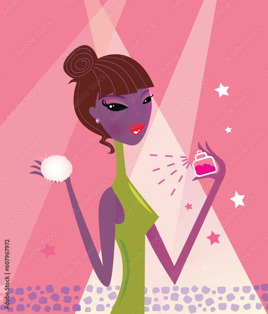 Beautiful woman with make-up powder and parfum flacon. Vector Illustration.