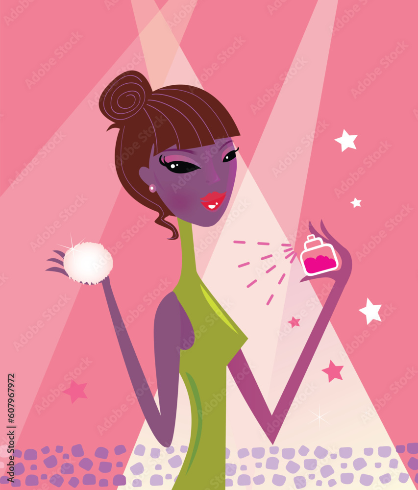 Beautiful woman with make-up powder and parfum flacon. Vector Illustration. Beautiful woman with make-up powder and parfum flacon. Vector Illustration.