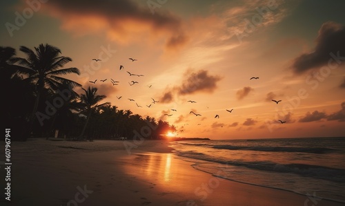  a sunset on a tropical beach with birds flying in the sky. generative ai