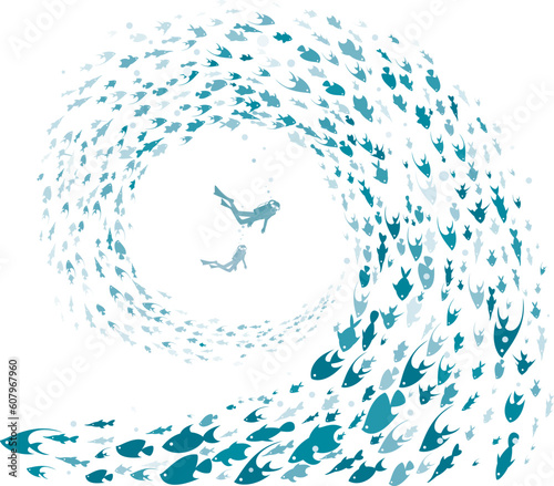 diver with fishes background.