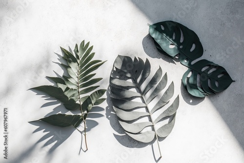 White, gray, and cement-textured background with shadows cast by plants and leaves. A simple beach holiday in the tropics throughout the summer. In a flat lay, nature. Generative AI
