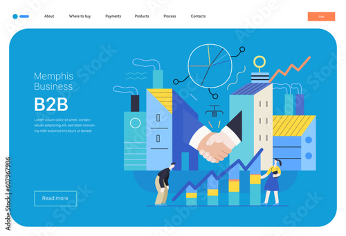 Memphis business illustration. B2B -modern flat vector concept illustration of handshaking partners, industrial buildings and chart with managers. Corporate business partnership metaphor.