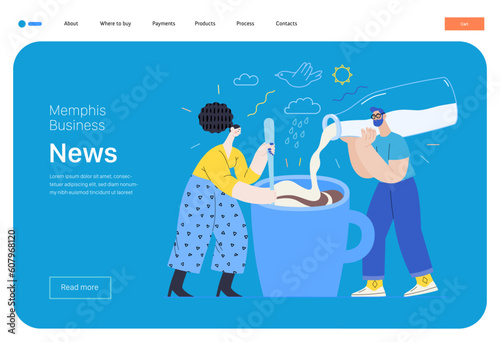 Memphis business illustration. News -modern flat vector concept illustration of people preparing coffee with milk. Corporate business morning news metaphor.