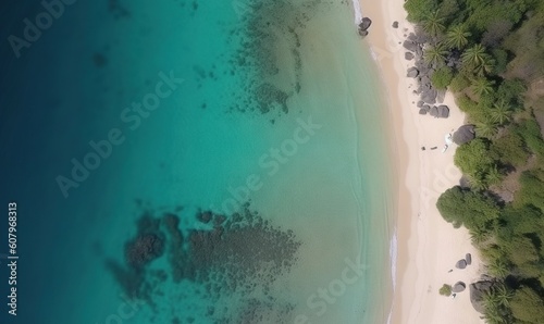  an aerial view of a sandy beach and clear blue water. generative ai