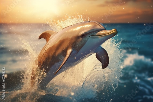 Happy striped dolphin jumping outside the sea at sunset