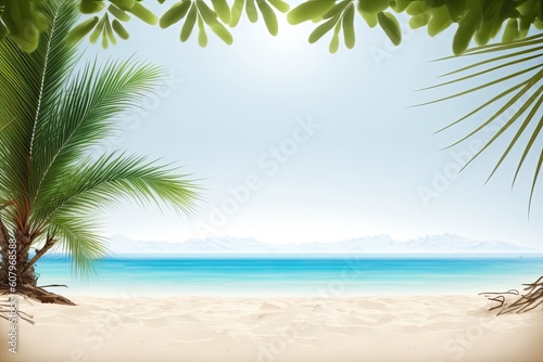 Tropical fine sandy beach with hazy sea backdrop and blank room for product advertising Summertime relaxation in the background. Generative AI © 2rogan