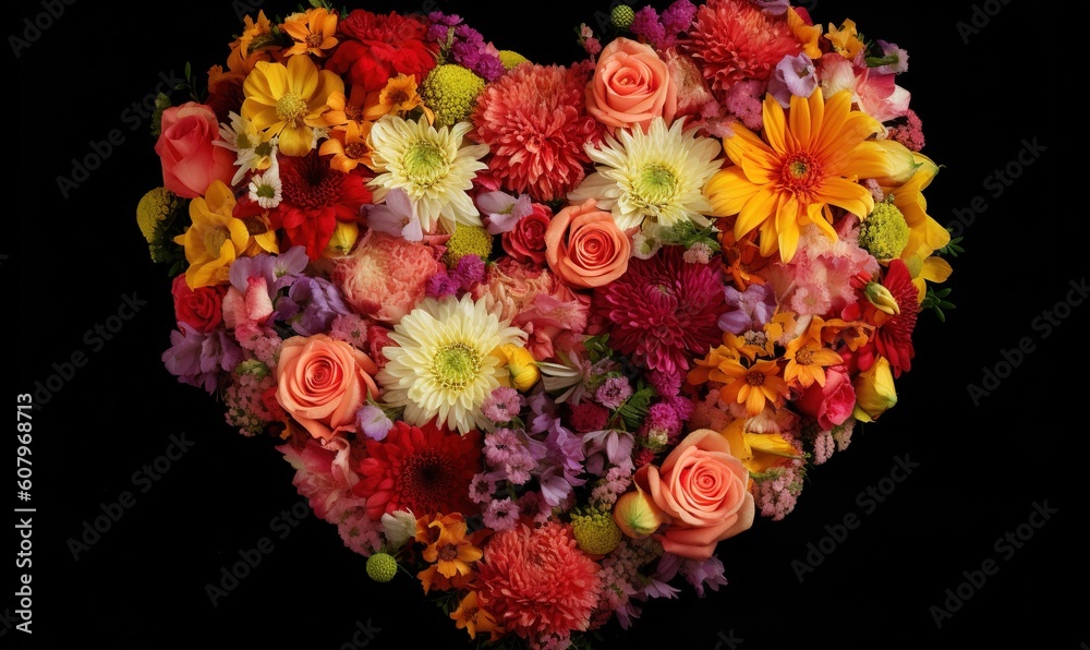  a heart shaped arrangement of colorful flowers on a black background.  generative ai