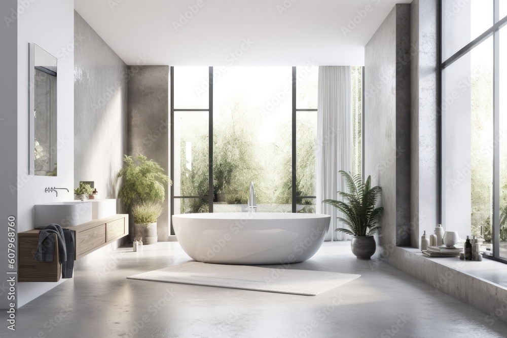 a side view of a bathroom with a giant vertical poster, a white tub, concrete, and white walls. a mockup. Generative AI a side view of a bathroom with a giant vertical poster, a white tub, concrete, and white walls. a mockup. Generative AI