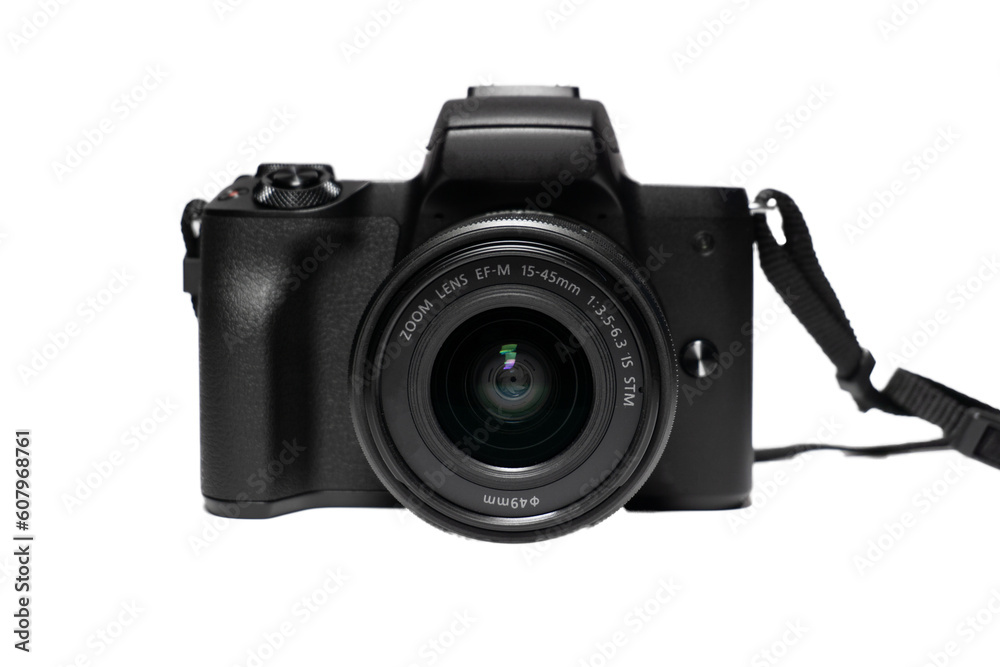 Photo camera body with zoom lens isolated on white background. Media technology and photography concept, photography equipment, camera matrix board. Digital SLR camera, dslr camera, photography, 