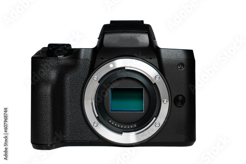 Photo camera body with zoom lens isolated on white background. Media technology and photography concept, photography equipment, camera matrix board. Digital SLR camera, dslr camera, photography, 