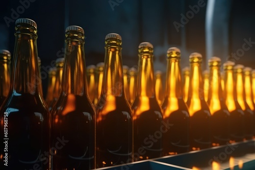 Glass Bottles of Beer in a Brewery Production Line