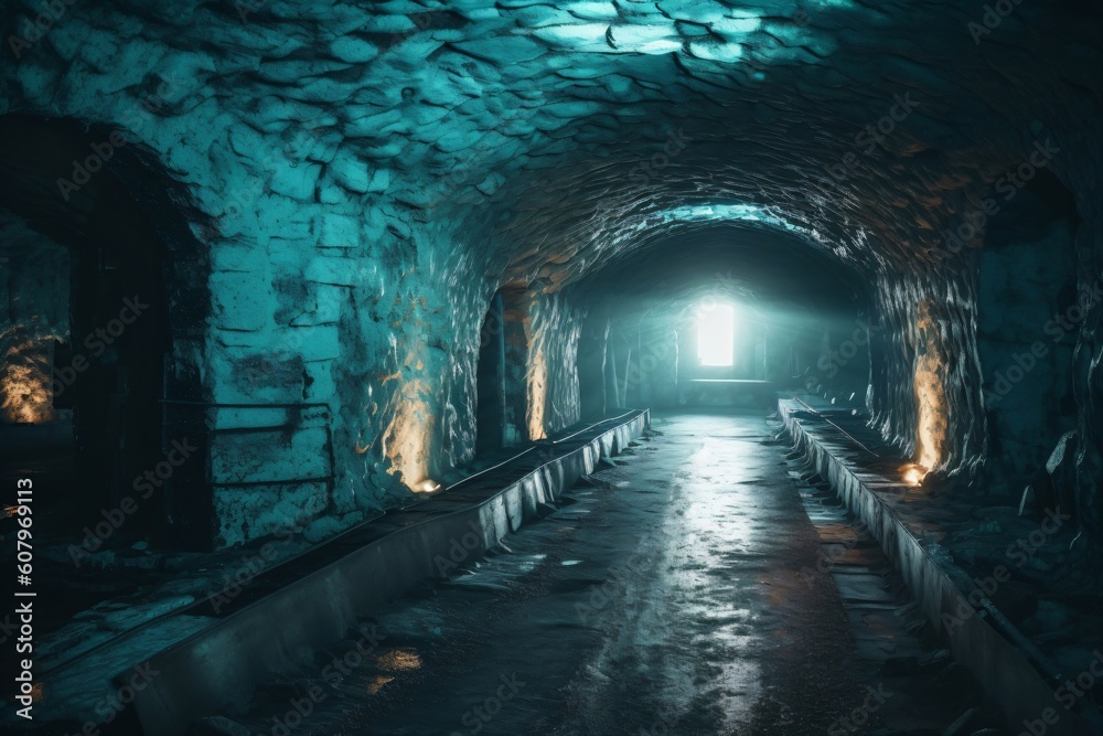 passageway through a damp cellar vault to a door created with Generative AI technology