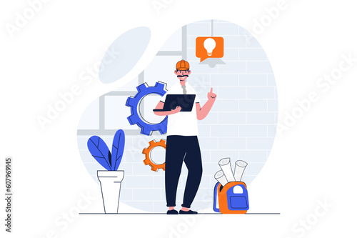 Construction engineer web concept with character scene. Man generates ideas and creating building blueprint. People situation in flat design. Illustration for social media marketing material. photo