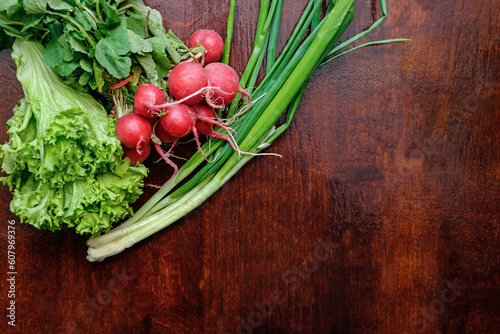 lettuce leaves, a bunch of spring onions and radishes on a dark wooden background. greens, vegetables for salad. onion, radish and lettuce