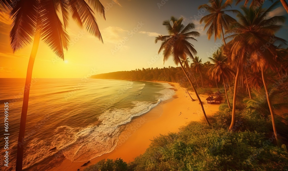  a beach with palm trees and a sunset in the background.  generative ai