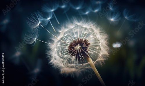  a dandelion with seeds blowing in the wind on a dark background. generative ai