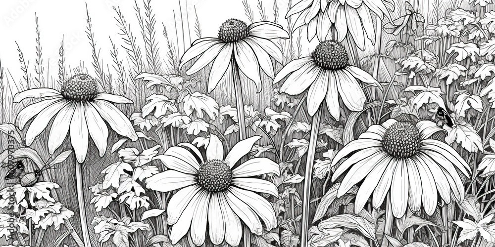 custom made wallpaper toronto digitalAI Generated. AI Generative. Illustration of coloring book with wildflowers garden. Kids adult meditation drawing color. Graphic Art