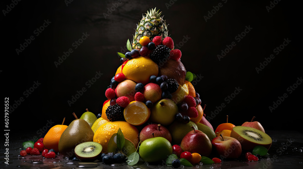 Fruit pyramid made of various fresh fruits on wooden table, dark background