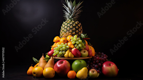 Fruits were placed together in a basket  forming a pyramid.