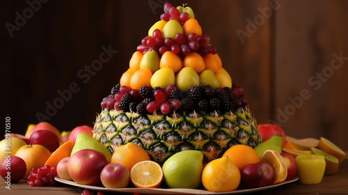 Fruit cake in the shape of a pyramid with different fruits.