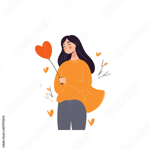 I fall in love.Illustration of a girl full of love and hope.Vector cartoon flat illustration.throbbing,happy,heart  -generative AI