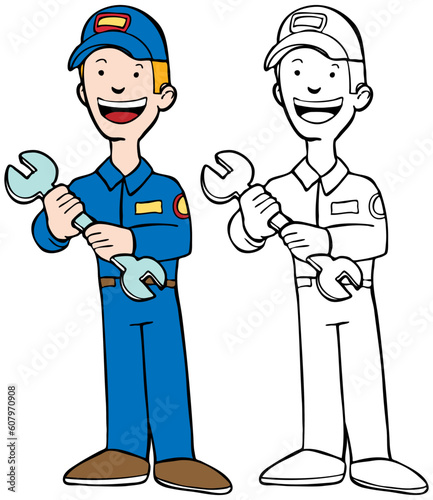 Professional repairman cartoon character with tools of the trade.
