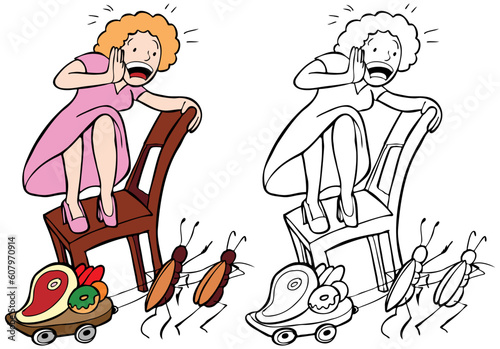 Cartoon image of a lady frightened by house pests - color and black/white versions.