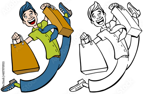 Cartoon image of a happy shopper - color and black/white versions.