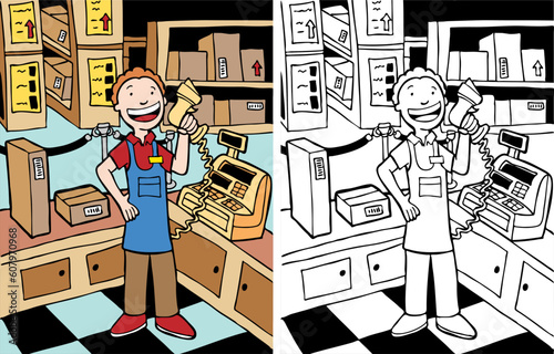 Cashier ready to scan item at store - color and black/white versions.