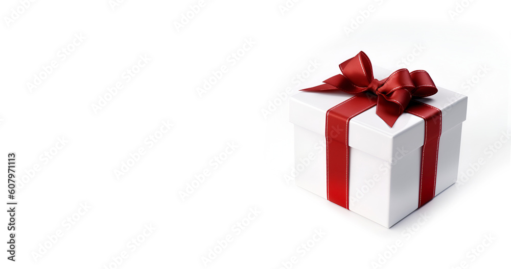 Gift box tied with a ribbon on a white background, with place for greeting. AI generated Gift box tied with a ribbon on a white background, with place for greeting. AI generated