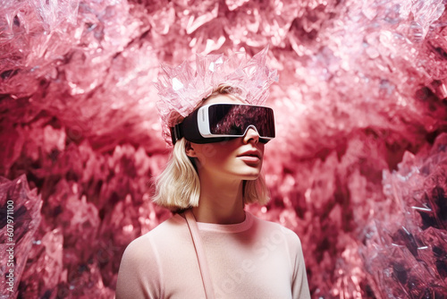 Woman wearing a virtual reality headset in dreamy crystal world.  Generative AI photo