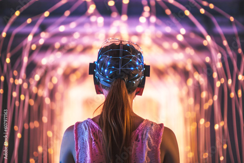 Woman wearing a virtual reality headset in metaverse world.  Generative AI