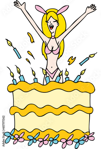 Lady pops out of a birthday cake.