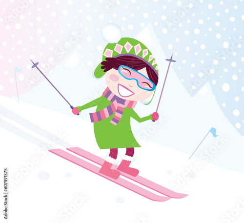 Smiling child on pink ski. Vector Illustration.