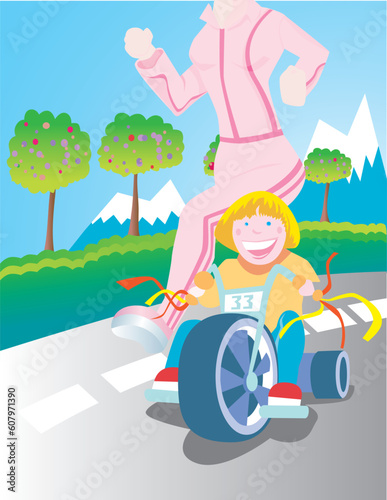 Kid rides his big wheel alongside his jogging mom.